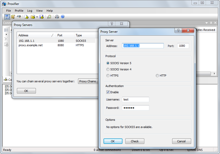 Proxifier Proxy Server dialog with address and port filled, SOCKS Version 5 selected and authentication enabled with a username and masked password.