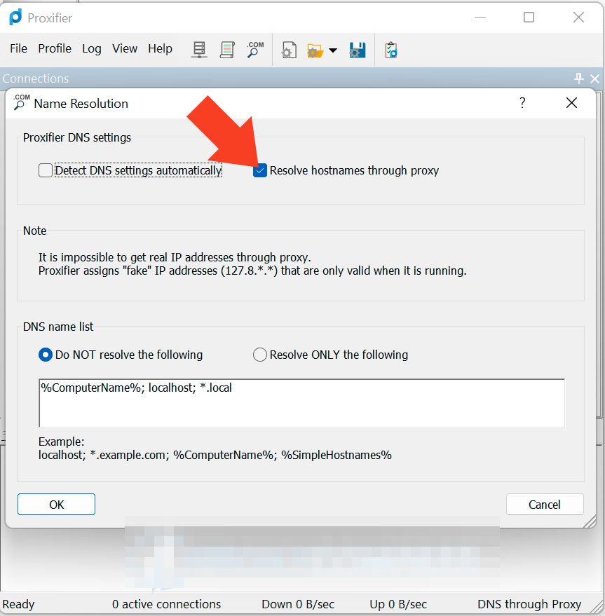 Proxifier Name Resolution dialog with Resolve hostnames through proxy ticked and the exclusion list of names that are not resolved through the proxy.