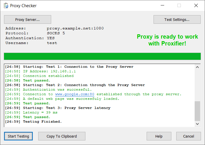 Proxifier Proxy Checker showing a successful SOCKS5 test with a green ready to work message, passed tests and 39 ms latency.