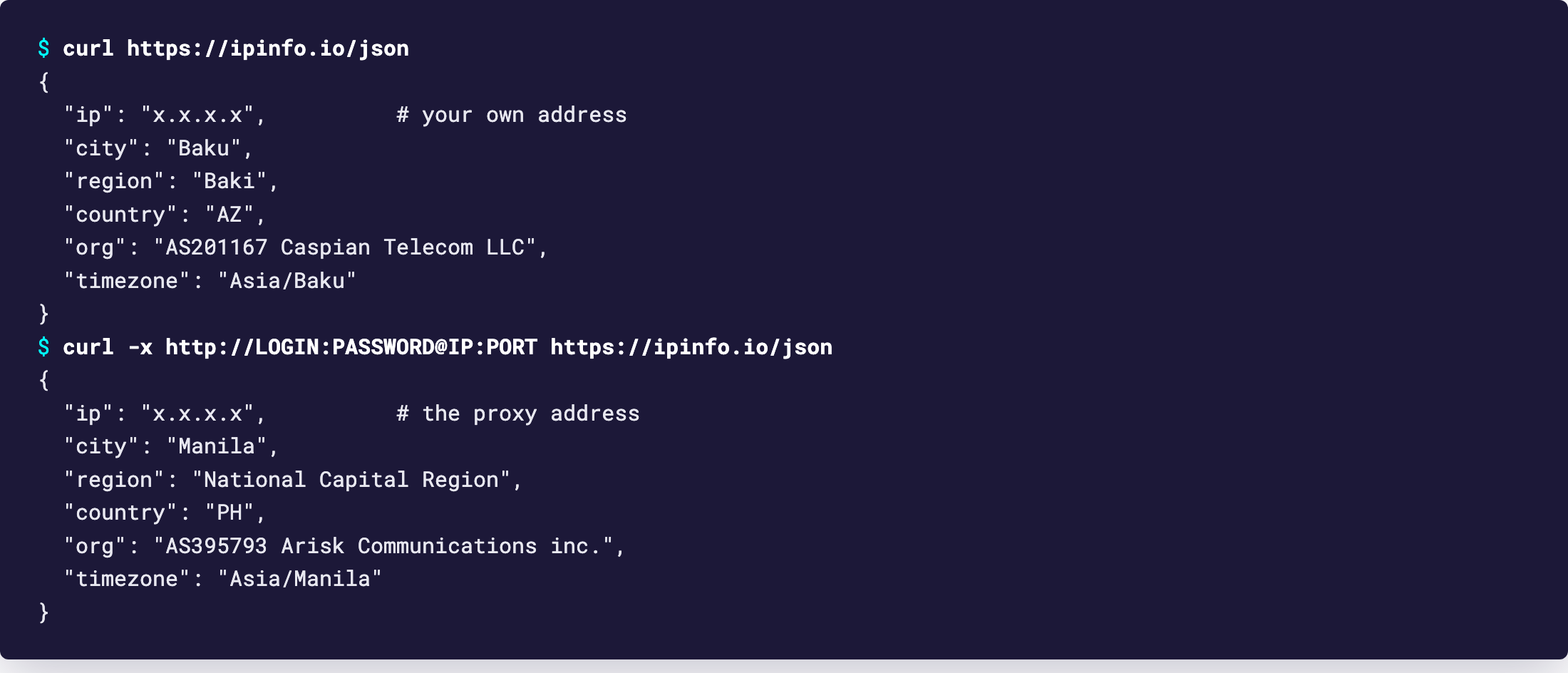 Терминал: curl без прокси показывает домашний IP, curl с -x показывает IP прокси, ipinfo.io подтверждает город и сеть прокси