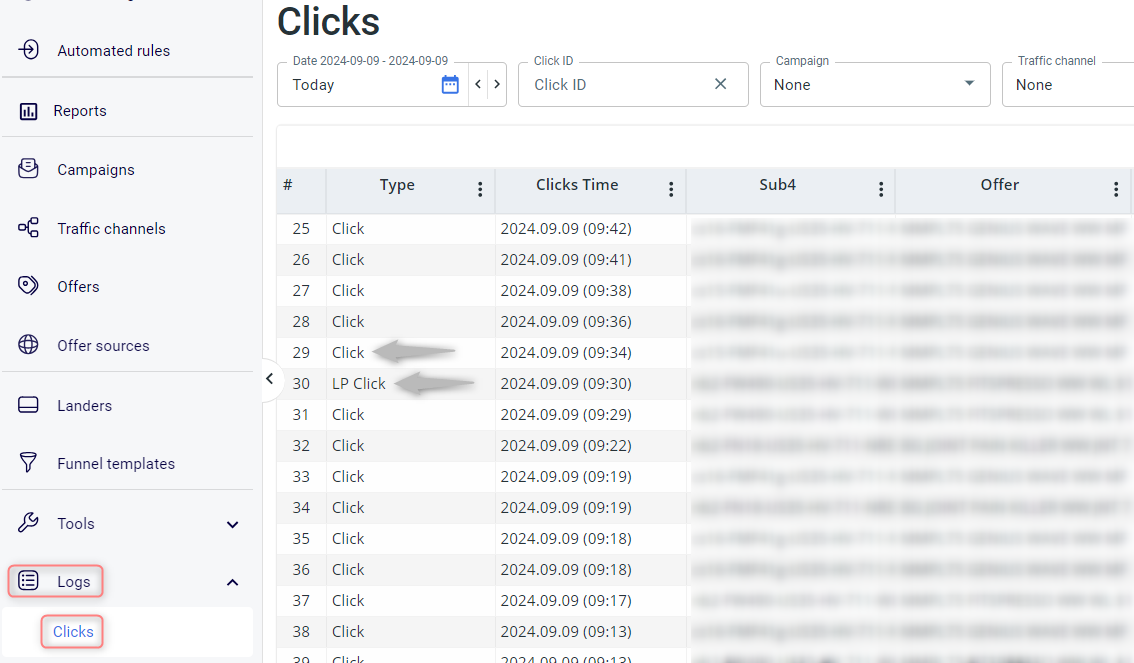 RedTrack clicks log with a list of recent clicks, their type, time and offer, opened from the Logs section.