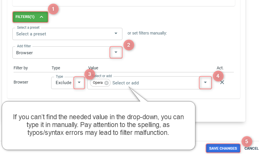 RedTrack campaign Funnels tab, Filters block with the preset selector, an added Browser filter, the Include or Exclude type and the value field