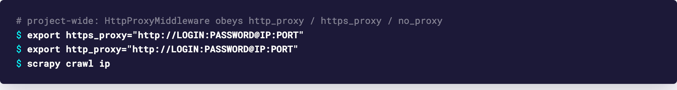 Terminal: https_proxy and http_proxy exported with the GeekProxy URL, then scrapy crawl ip