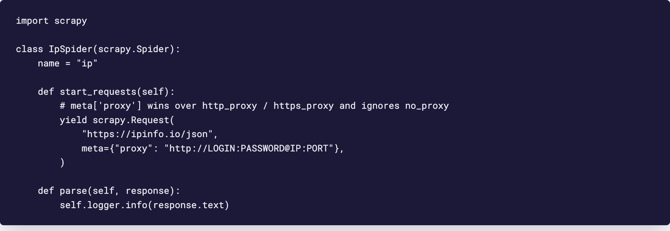 Editor: Scrapy spider with the proxy meta key set to the GeekProxy URL