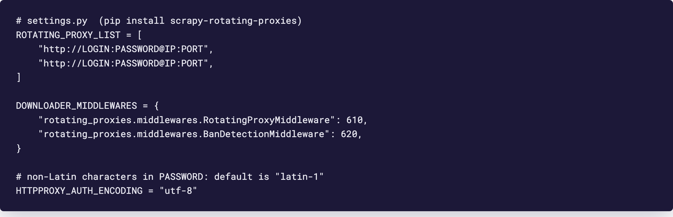 Editor: settings.py with ROTATING_PROXY_LIST and the two rotating-proxies middlewares