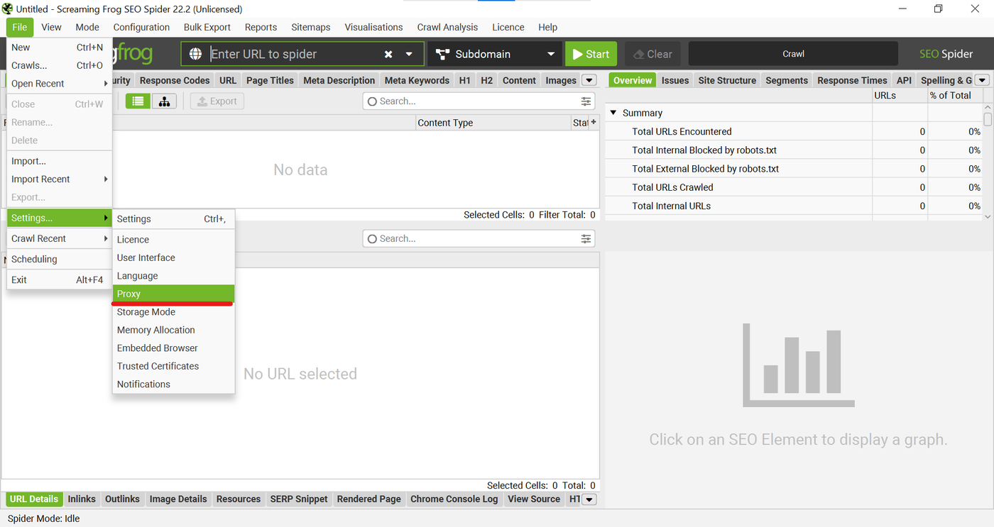 Screaming Frog SEO Spider File menu with the Settings submenu open and the Proxy item highlighted.