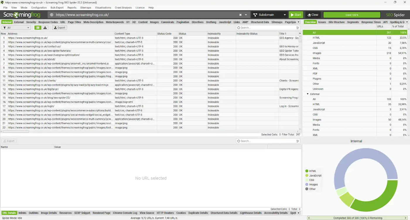 Screaming Frog Internal tab after a finished crawl with a list of URLs and status code 200 in the Status Code column.