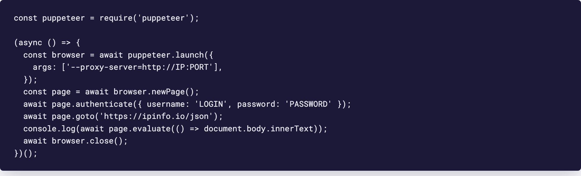 Editor: Puppeteer launch with proxy-server argument and page.authenticate