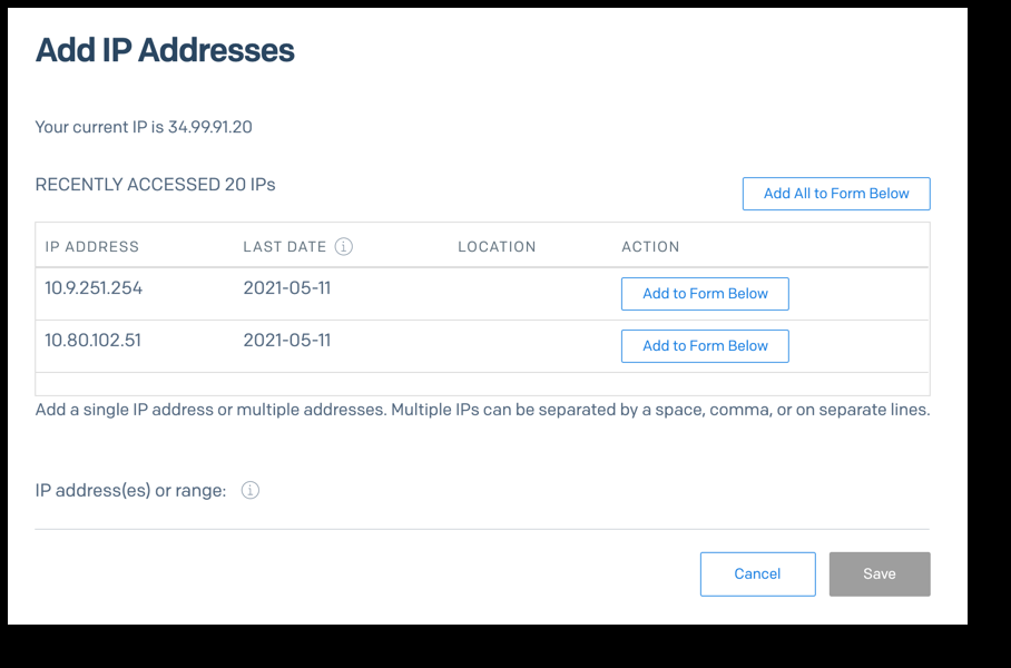 SendGrid 'Add IP Addresses' form showing your current IP, recently accessed IPs with 'Add to Form Below' buttons and the field for IP addresses or ranges.