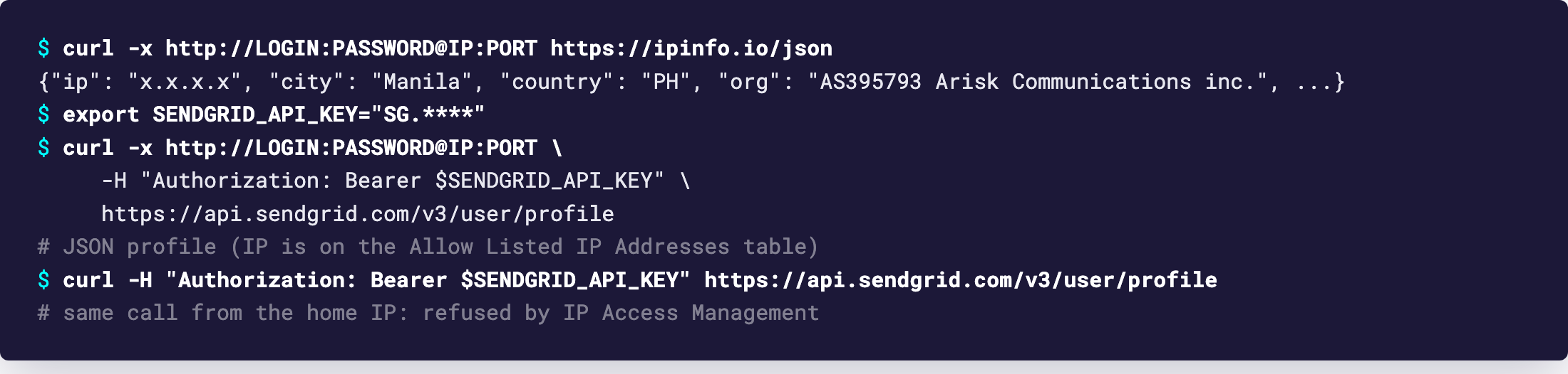 Terminal: curl through the proxy shows the proxy IP, the profile endpoint returns JSON, the same call from another IP is refused by the allowlist