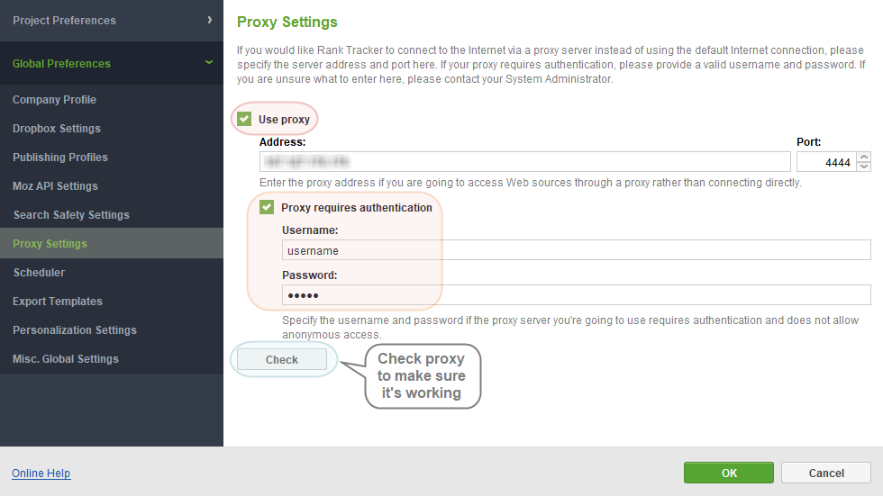 Окно Proxy Settings в Rank Tracker: заполнены адрес, порт, логин и скрытый пароль прокси.