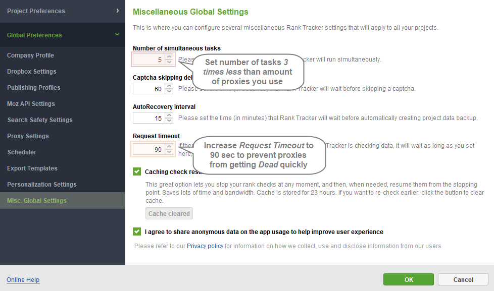 Окно Misc. Global Settings в Rank Tracker: пять одновременных задач и таймаут запроса 90 секунд.
