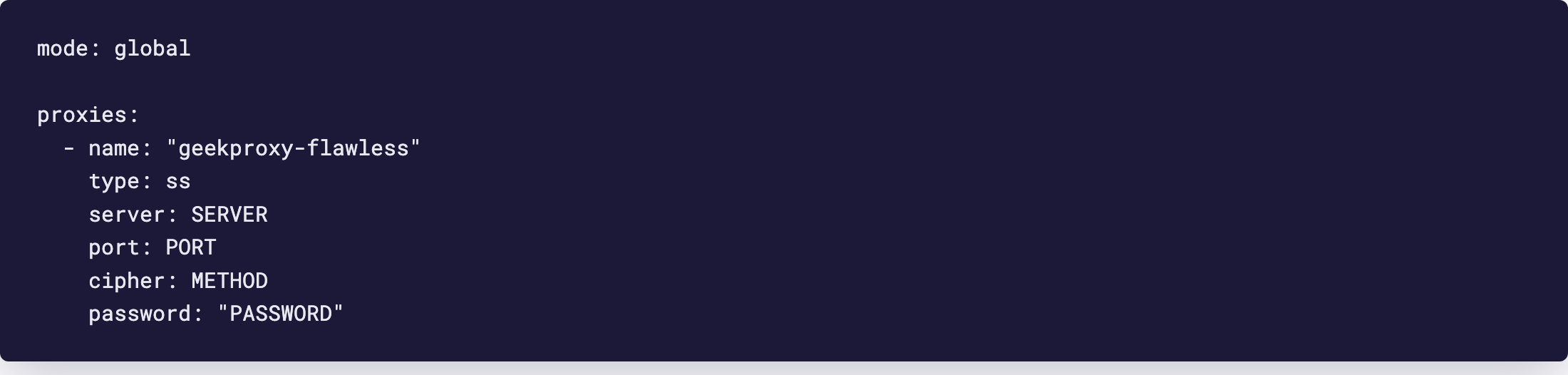 YAML-профиль для Clash Verge Rev с одной записью прокси Shadowsocks и режимом global