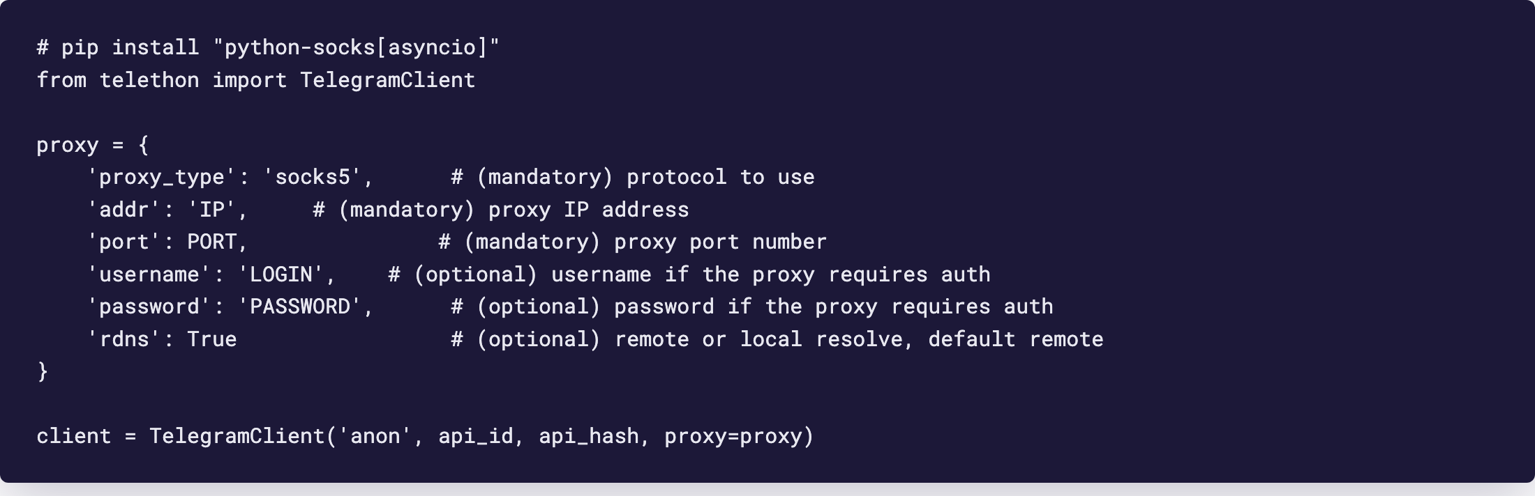 Editor: Telethon proxy dict with proxy_type socks5 and rdns True