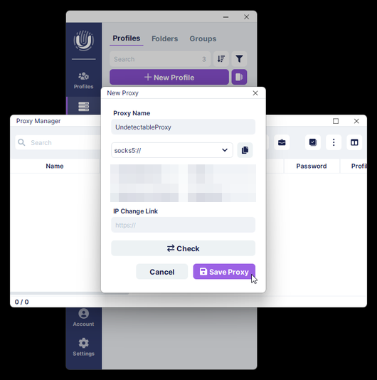 Окно New Proxy в Undetectable: выбран socks5, заполнены хост, порт, логин и пароль, поле IP Change Link пустое, кнопки Check и Save Proxy.