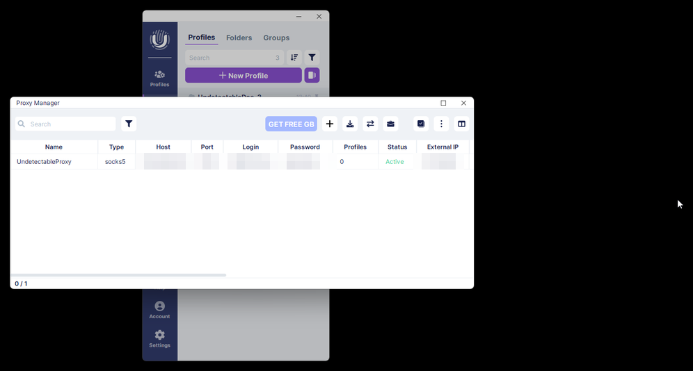 Proxy Manager в Undetectable: проверенный socks5 прокси со статусом Active и заполненной колонкой External IP.