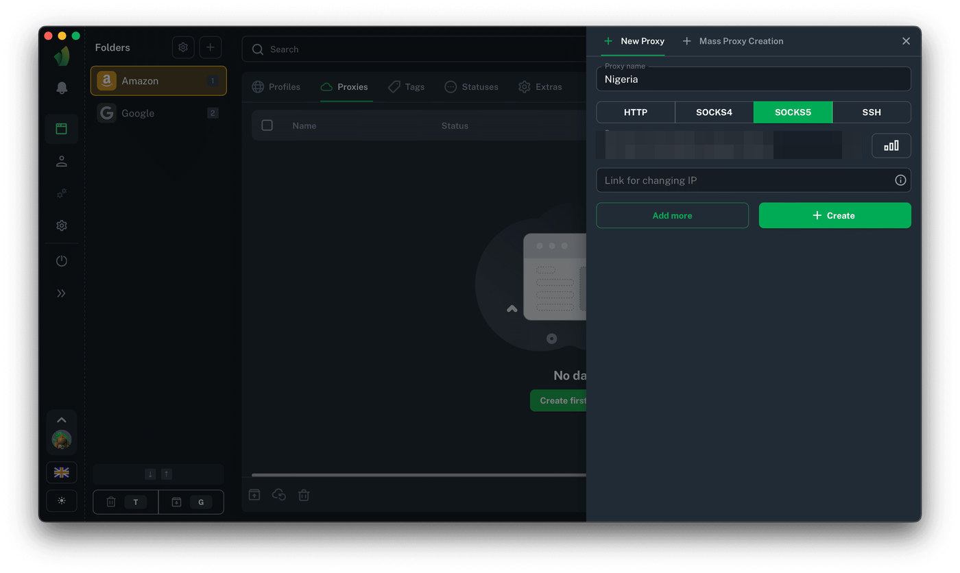 Vision browser Proxies tab with the New Proxy sidebar open, SOCKS5 selected among the protocol buttons and a proxy string in the Proxy field.