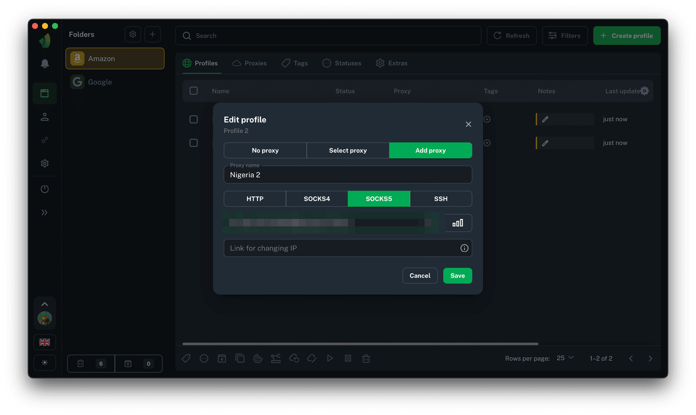 Vision Edit profile dialog on the Add proxy tab with SOCKS5 selected, a pasted ip:port:login:password string, an empty IP change link and the Save button.