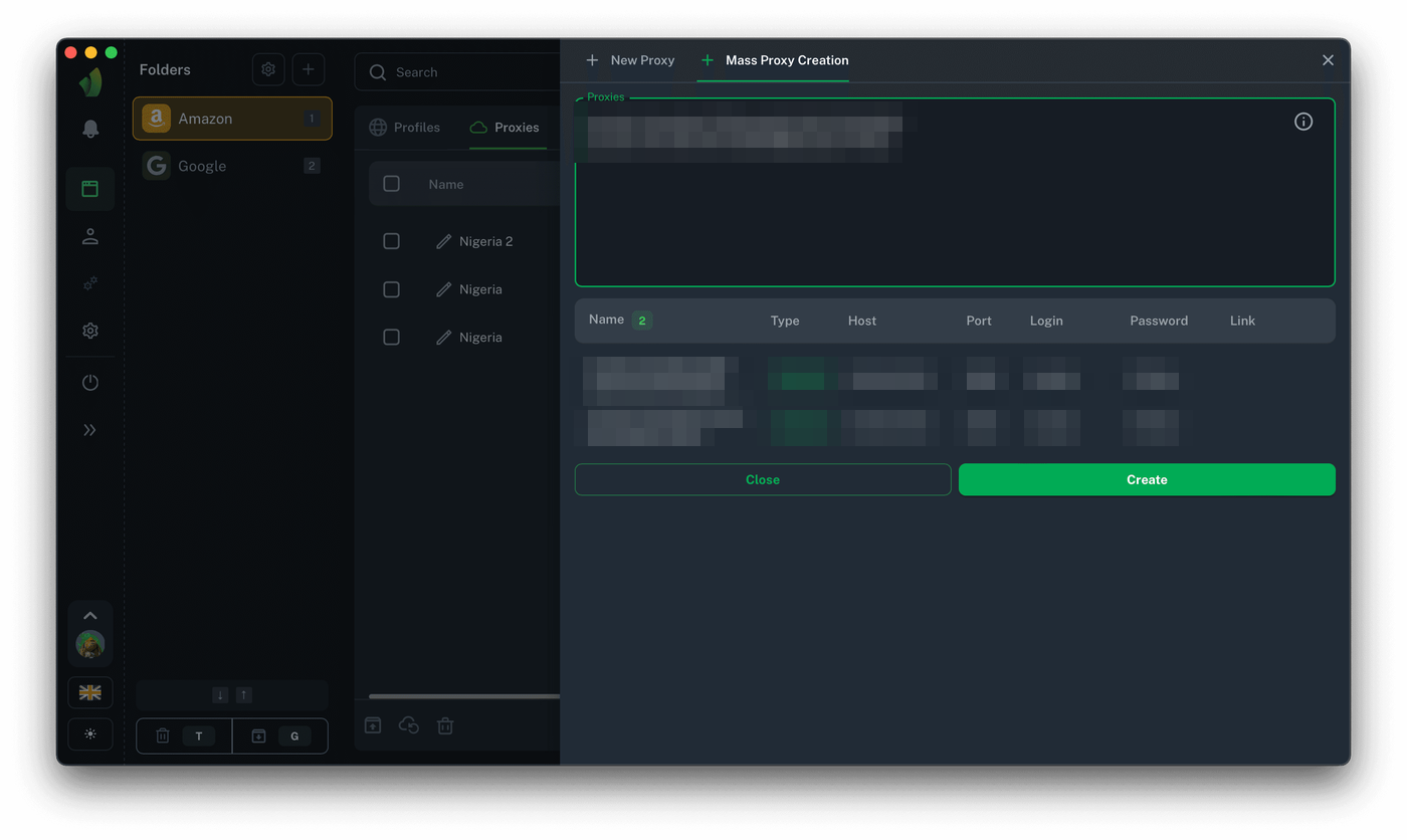 Vision Mass Proxy Creation tab with pasted proxy lines and the parsed table of host, port, login and password above the Create button.