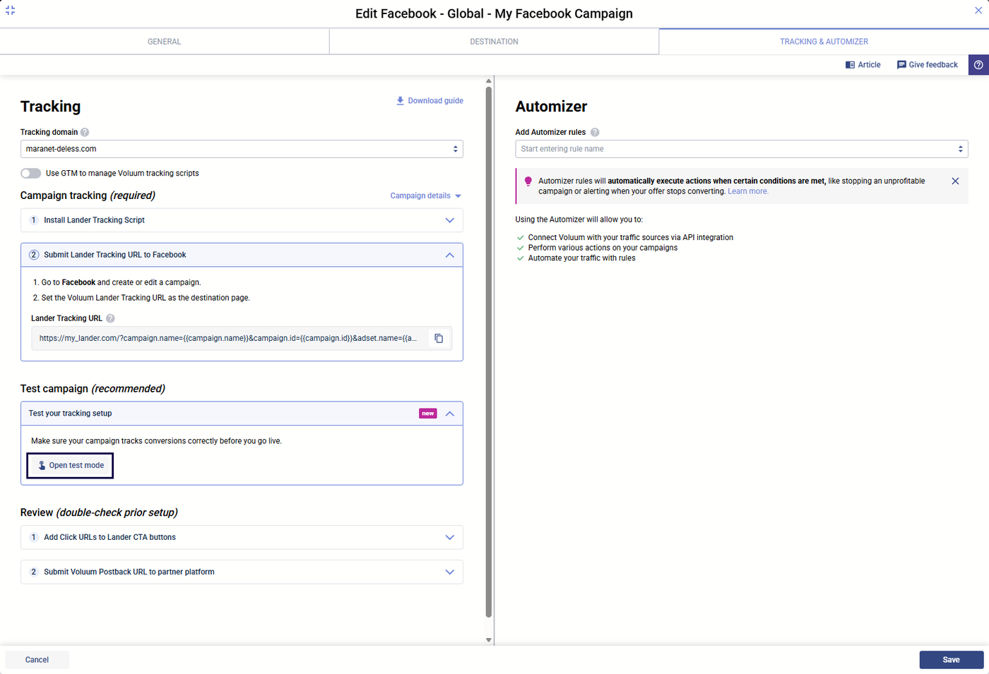 Voluum campaign creation form with the Test mode control and the in-panel guidance