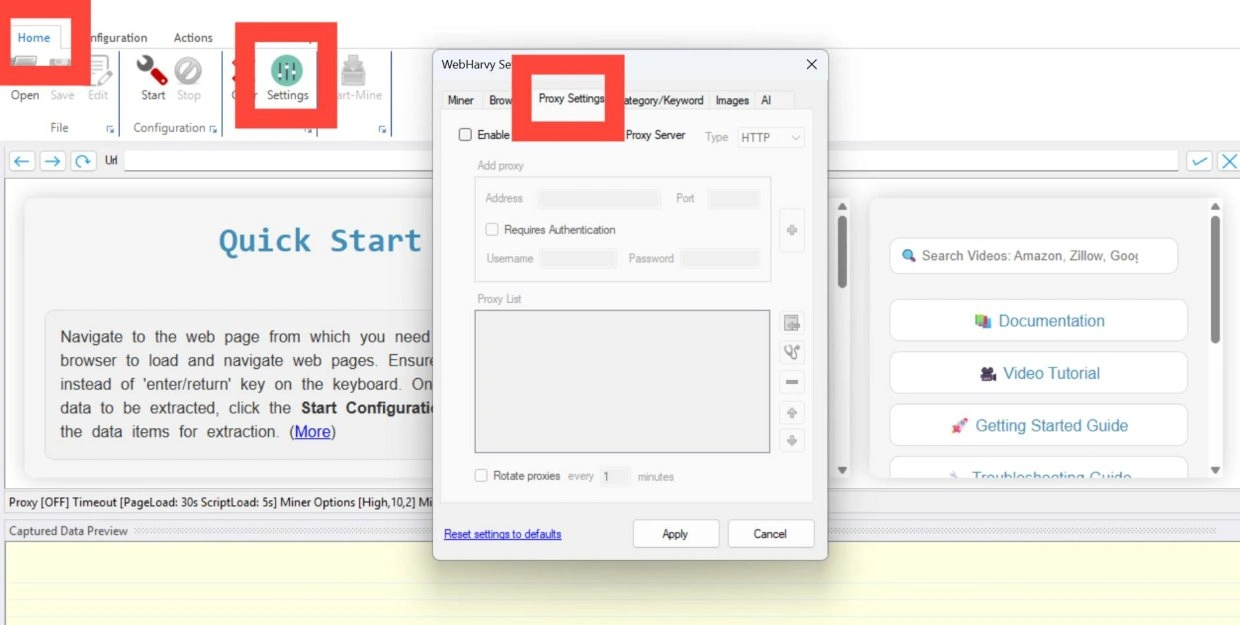 WebHarvy Home ribbon with the Settings button highlighted and the Settings dialog open on the Proxy Settings tab.