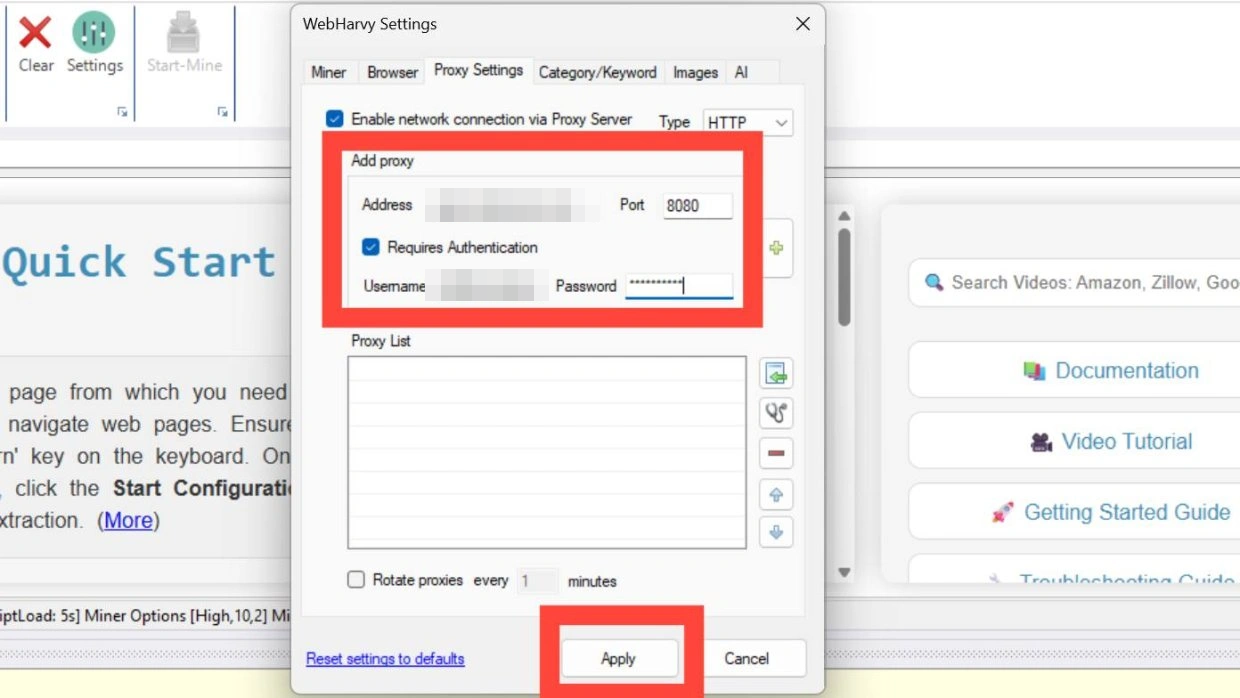 WebHarvy Proxy Settings tab with the proxy server enabled, HTTP type, address, port and authentication filled in.
