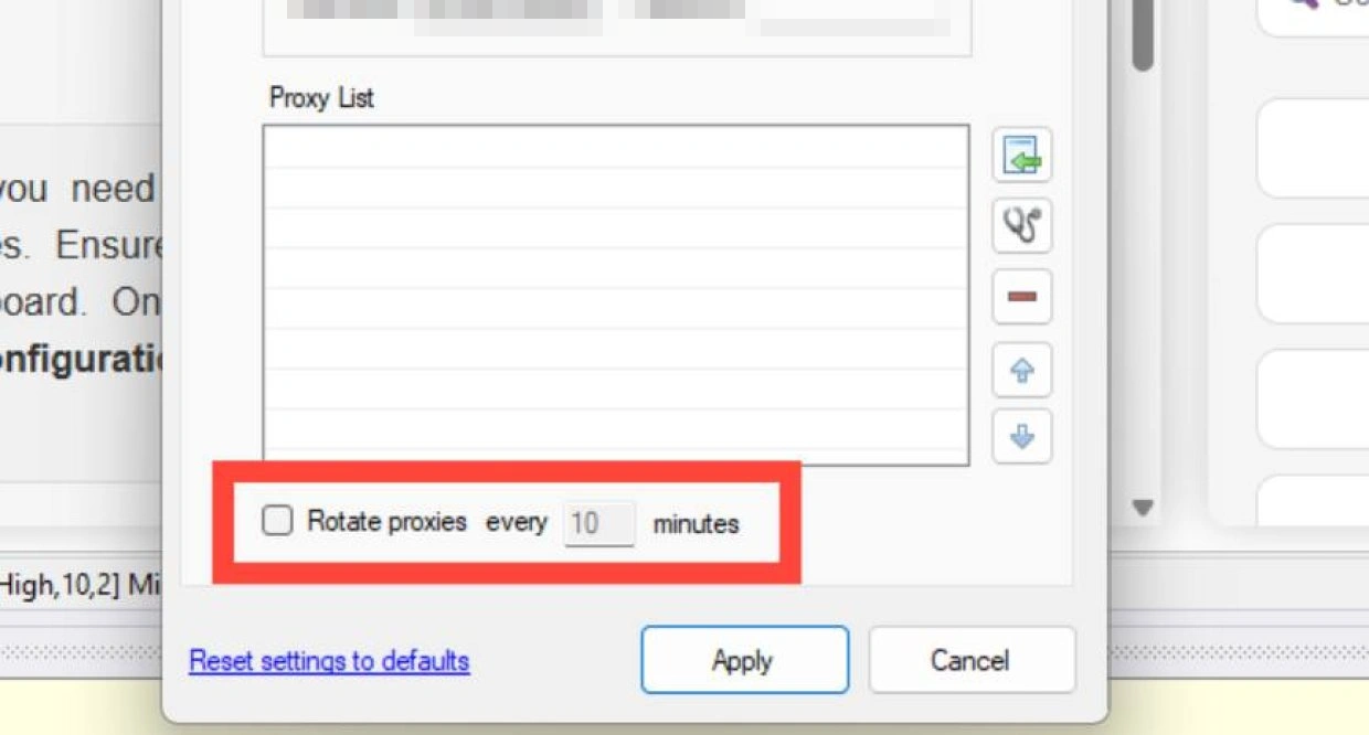 WebHarvy Proxy List with the import, edit, remove and reorder buttons and the Rotate proxies every 10 minutes option.