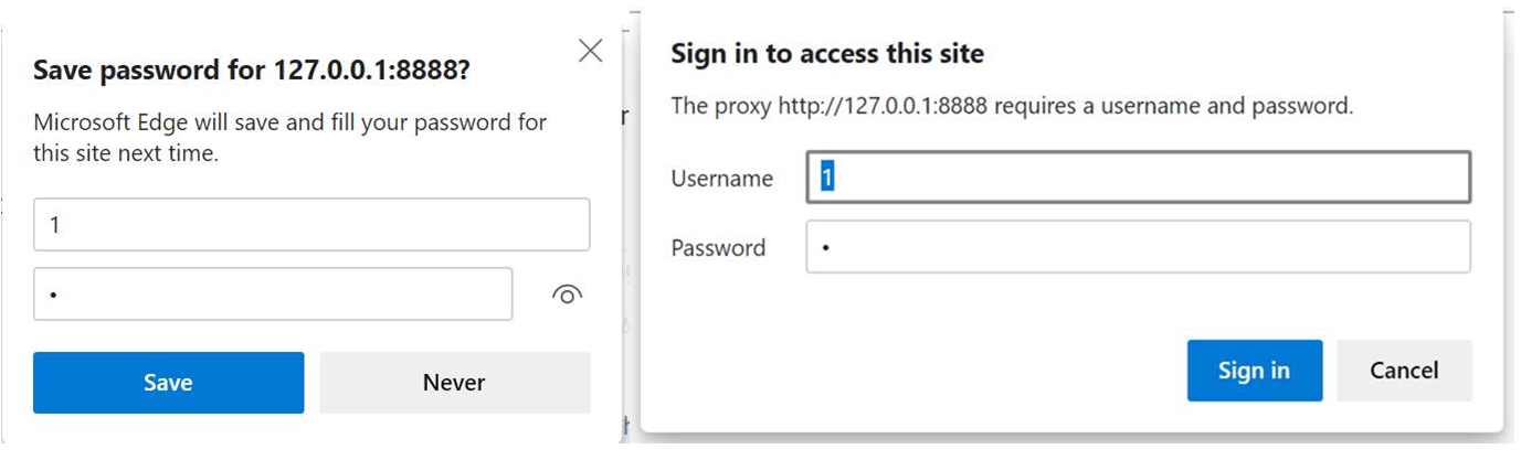 Окно Microsoft Edge просит логин и пароль, потому что прокси требует авторизацию, рядом предложение сохранить пароль.