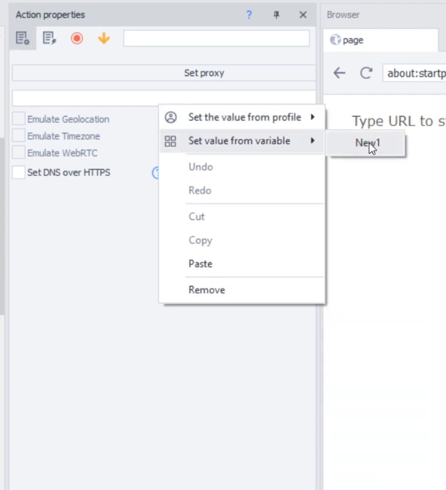 Action properties of the Set proxy action in ZennoPoster ProjectMaker with the proxy field, emulation checkboxes and the Set value from variable menu.