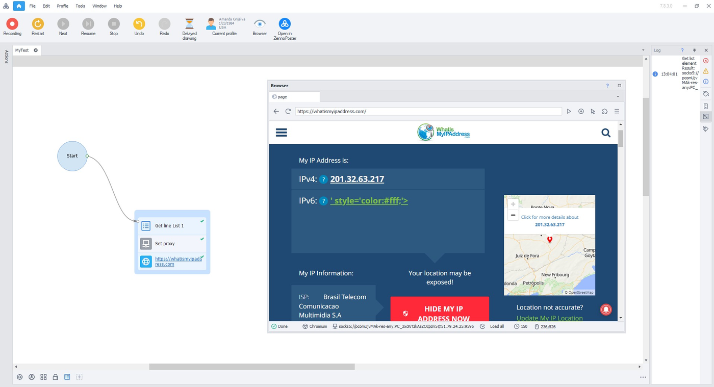 ZennoPoster ProjectMaker with a loaded IP checker page in the browser pane and the current proxy shown in the bottom bar.