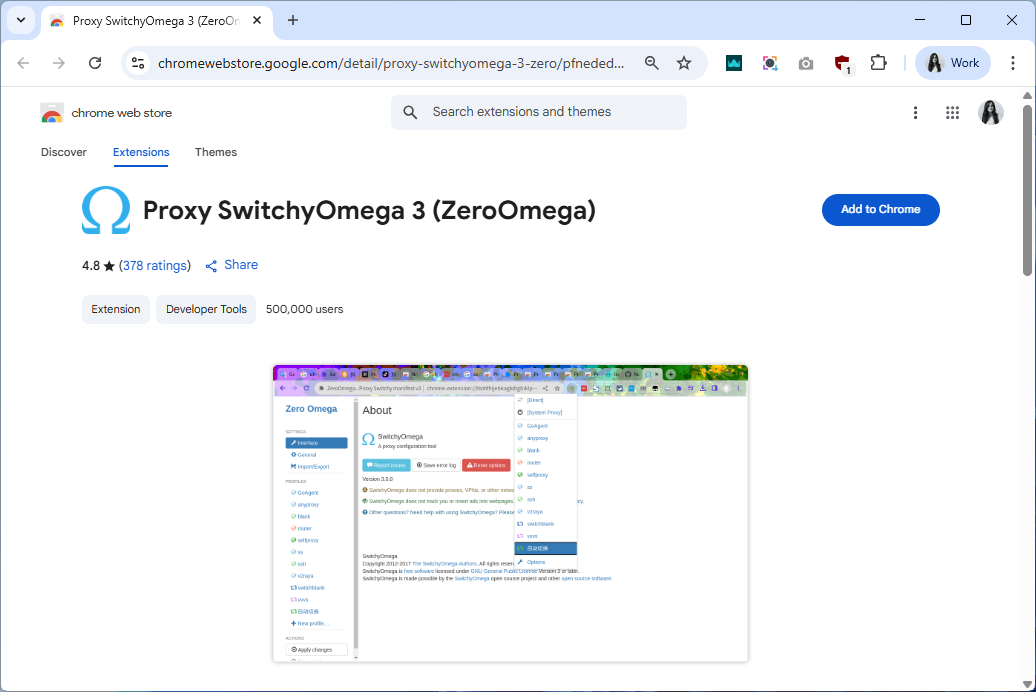 Chrome Web Store listing of Proxy SwitchyOmega 3 (ZeroOmega) with the Add to Chrome button and the extension address in the address bar.