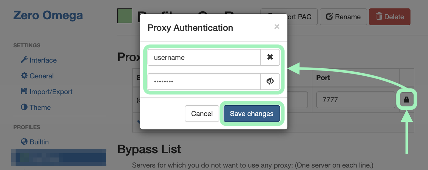 ZeroOmega options page with the Proxy Authentication dialog open over a proxy profile, showing username and masked password fields and Save changes.