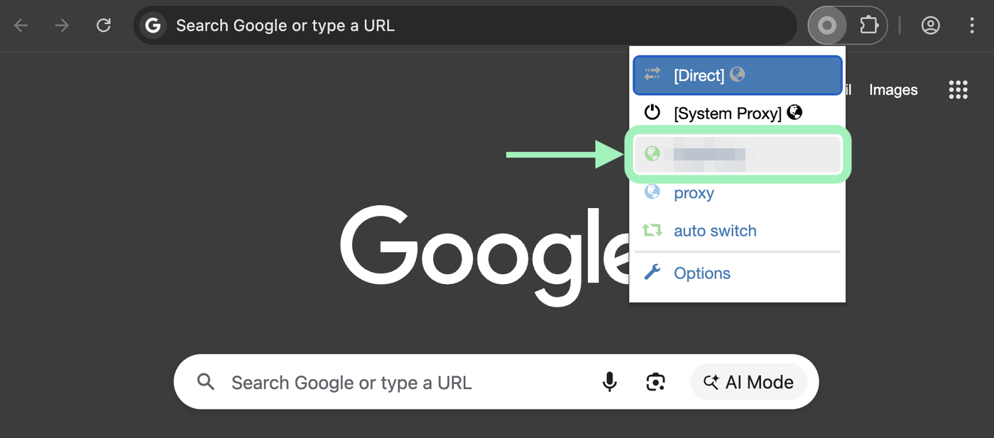 ZeroOmega toolbar popup in Chrome listing Direct, System Proxy, a custom proxy profile, auto switch and Options.
